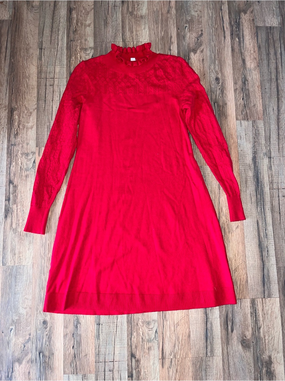 LOFT Red Long-Sleeve Ruffle Neck Knit Dress